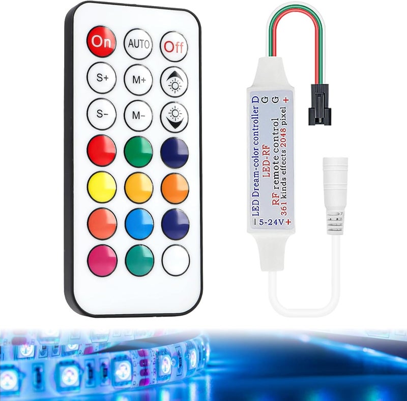 WrteEase DC5V/12V/24V RF Wireless Remote LED Controller, Addressable Mini LED Strips Compatible with WS2812B and WS2811, 3 Pin JST Connector, 21 Key Remote, Max 2048 Pixel Capacity - Image 1
