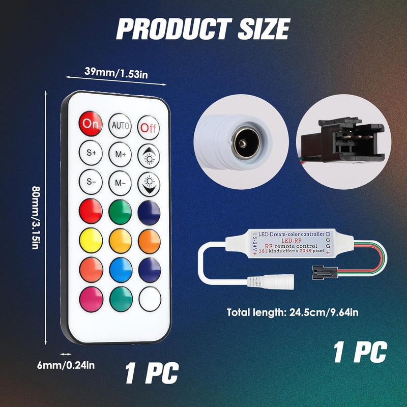 WrteEase DC5V/12V/24V RF Wireless Remote LED Controller, Addressable Mini LED Strips Compatible with WS2812B and WS2811, 3 Pin JST Connector, 21 Key Remote, Max 2048 Pixel Capacity - Image 2