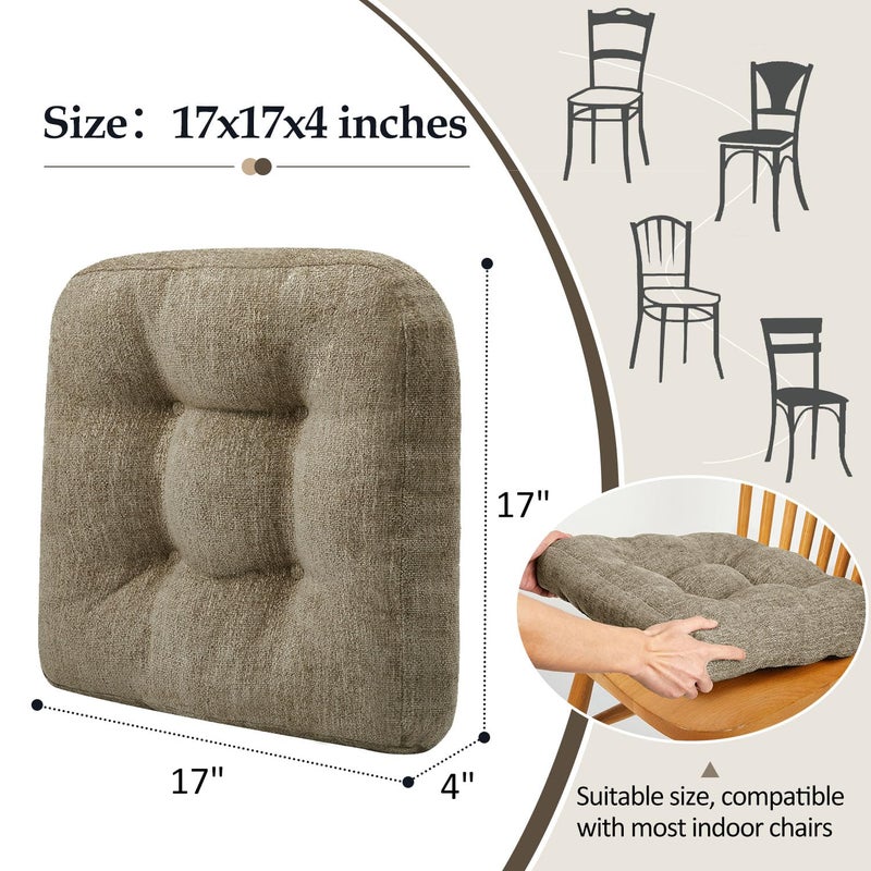 downluxe Chair Cushions for Dining Chairs 4 Pack, Tufted Indoor Chair Pads with Non-Slip Bottom, U-Shaped Kitchen Chair Cushions, 17"x17"x4", Khaki - Image 4