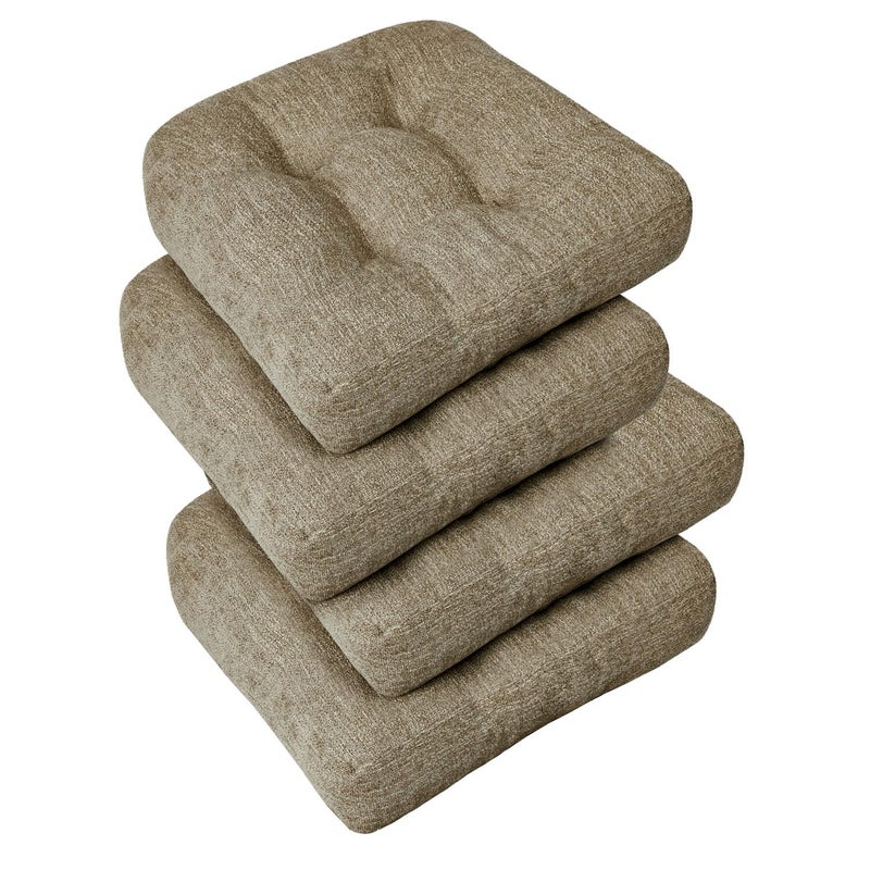 downluxe Chair Cushions for Dining Chairs 4 Pack, Tufted Indoor Chair Pads with Non-Slip Bottom, U-Shaped Kitchen Chair Cushions, 17"x17"x4", Khaki - Image 1