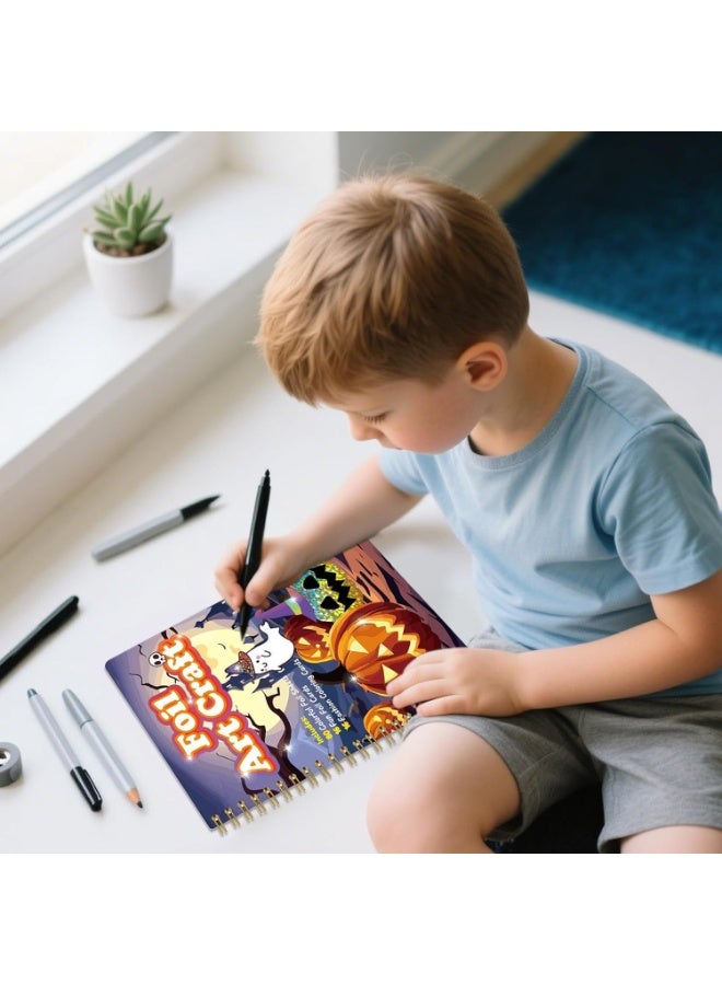 Capstro Foil Art Craft Sticker Book – Halloween Magic Art Booklet | 16 Foil & 16 Coloring Pages + 80 Foil Sheets & Bamboo Stick | DIY Foil Art Kit for Kids Age 3+ | Spooky & Fun Craft Gift for Boys & Girls - Image 3