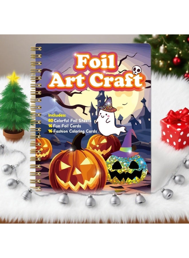 Capstro Foil Art Craft Sticker Book – Halloween Magic Art Booklet | 16 Foil & 16 Coloring Pages + 80 Foil Sheets & Bamboo Stick | DIY Foil Art Kit for Kids Age 3+ | Spooky & Fun Craft Gift for Boys & Girls - Image 5