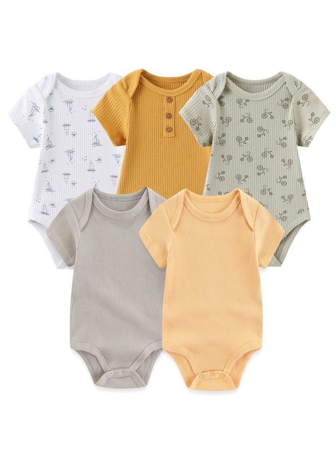 MAMIMAKA Newborn Baby Short Sleeve Bodysuit Cotton One-Piece Baby Clothes 5-Pack, 0-12 Months, Five Piece Bodysuits-3, 9-12 Months - Image 1