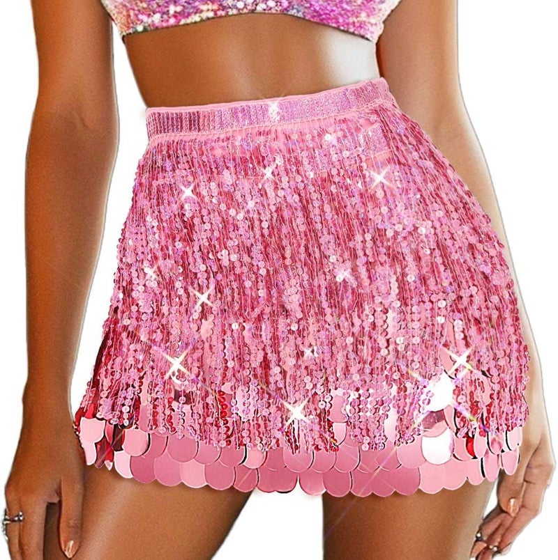REETAN Fringe Sequin Skirt Belly Dance Sparkly Rave Skirts for Women - Image 1