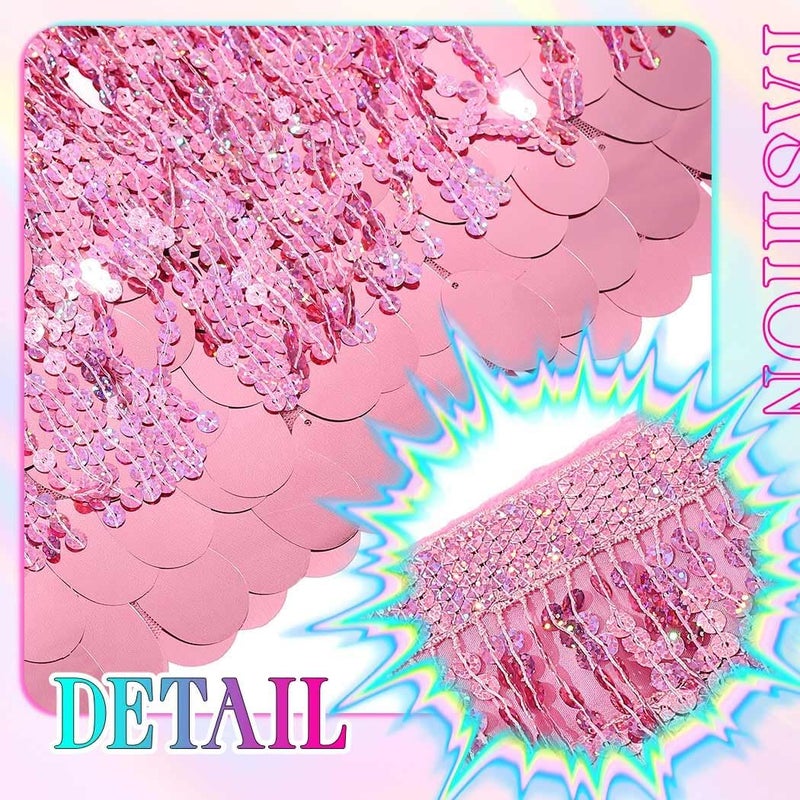 REETAN Fringe Sequin Skirt Belly Dance Sparkly Rave Skirts for Women - Image 3