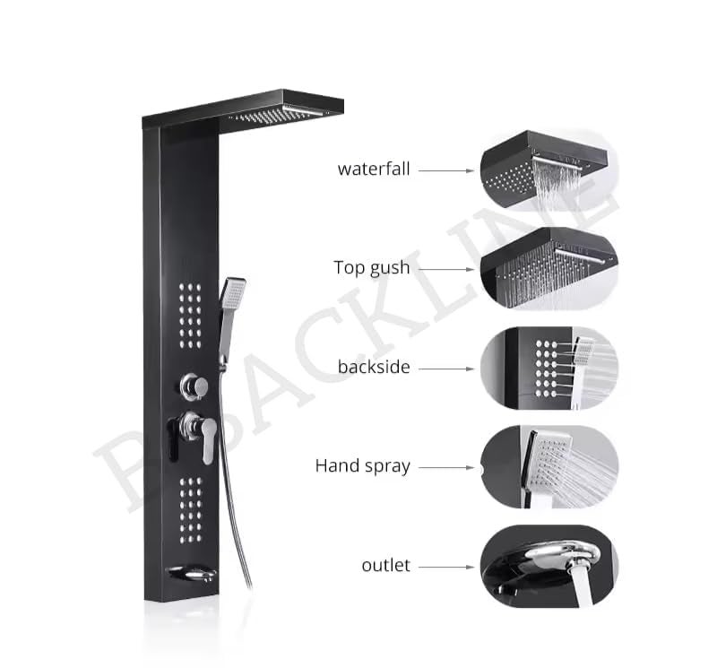 B BACKLINE Backline Stainless Steel 304 Shower Panel Full Set for Bathroom 6 in 1 With LED Temperature, Rainfall, Waterfall Shower, Hand Shower, Body Massage Spray - Shower System (Black) - Image 2