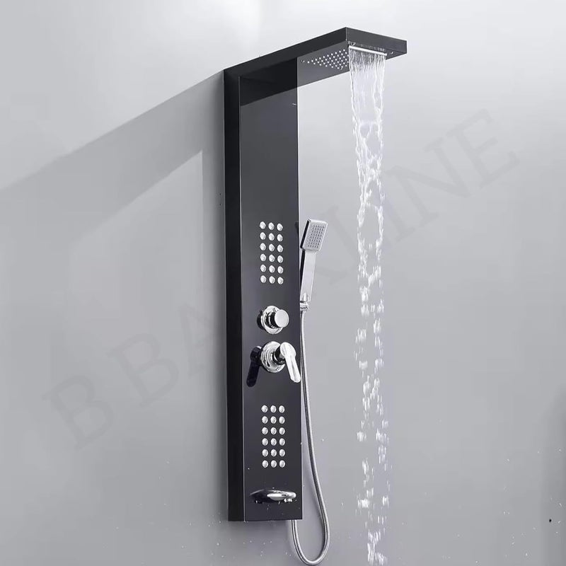 B BACKLINE Backline Stainless Steel 304 Shower Panel Full Set for Bathroom 6 in 1 With LED Temperature, Rainfall, Waterfall Shower, Hand Shower, Body Massage Spray - Shower System (Black) - Image 1