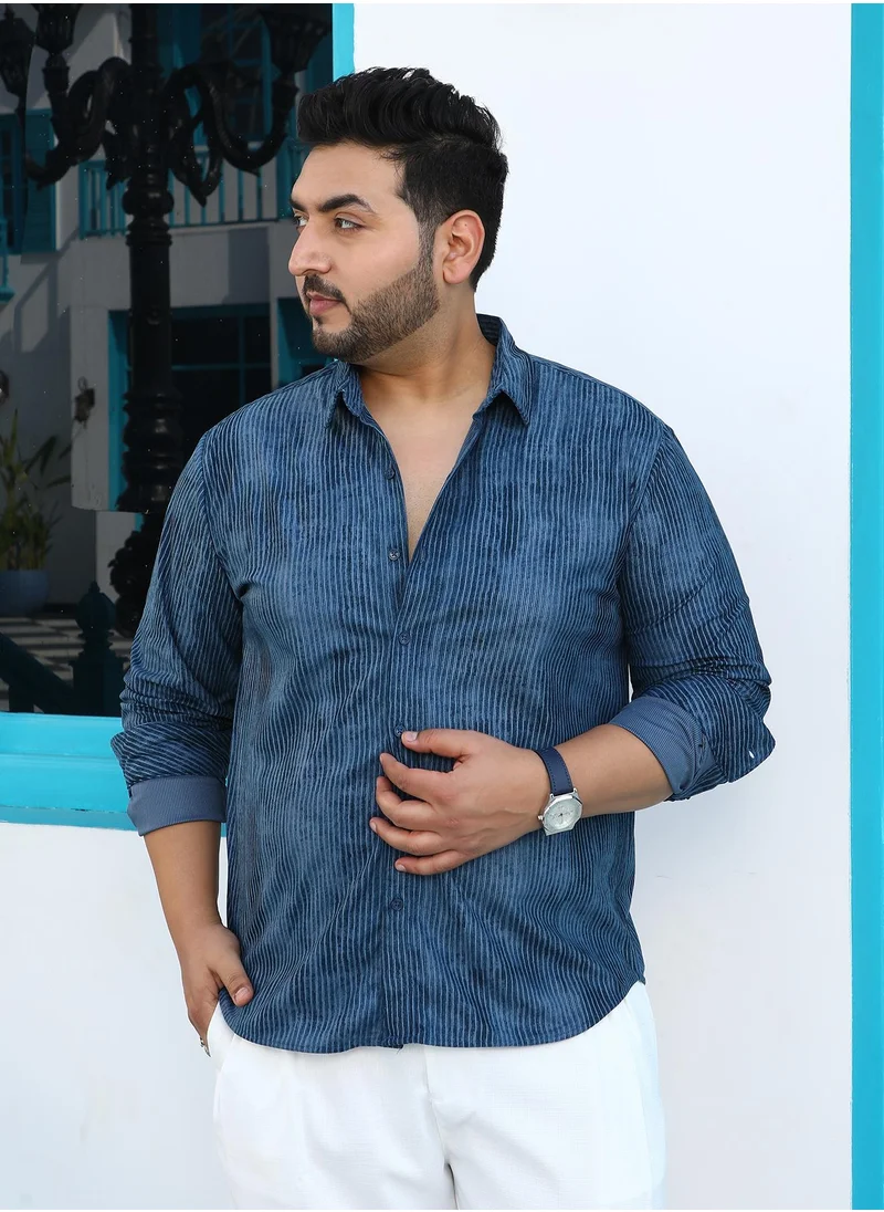 انستافاب بلس Instafab Plus Men's Indigo Blue Ribbed-Corduroy Shirt For Casual Wear | Spread Collar | Long Cuffed Sleeves | Button Closure | Plus Size Shirt Crafted With Comfort Fit For Everyday Wear