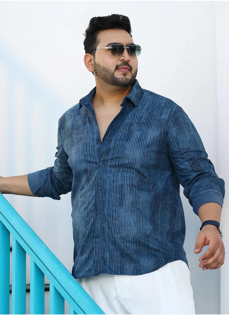 انستافاب بلس Instafab Plus Men's Indigo Blue Ribbed-Corduroy Shirt For Casual Wear | Spread Collar | Long Cuffed Sleeves | Button Closure | Plus Size Shirt Crafted With Comfort Fit For Everyday Wear