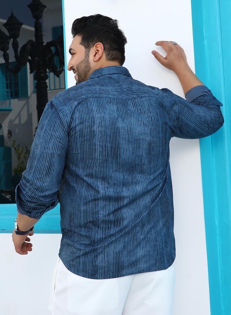 Instafab Plus Instafab Plus Men's Indigo Blue Ribbed-Corduroy Shirt For Casual Wear | Spread Collar | Long Cuffed Sleeves | Button Closure | Plus Size Shirt Crafted With Comfort Fit For Everyday Wear  - Image 5