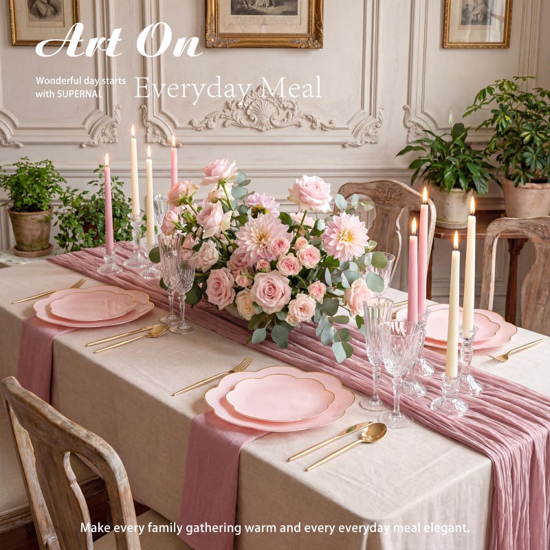 supernal 60pcs Pink Plastic Plates with Gold Rim Heavy Duty Scalloped Plastic Plates Disposable Includes:30 Dinner and 30 Dessert Plate Perfect for Valentine's Day Mother's Day and Easter - Image 2