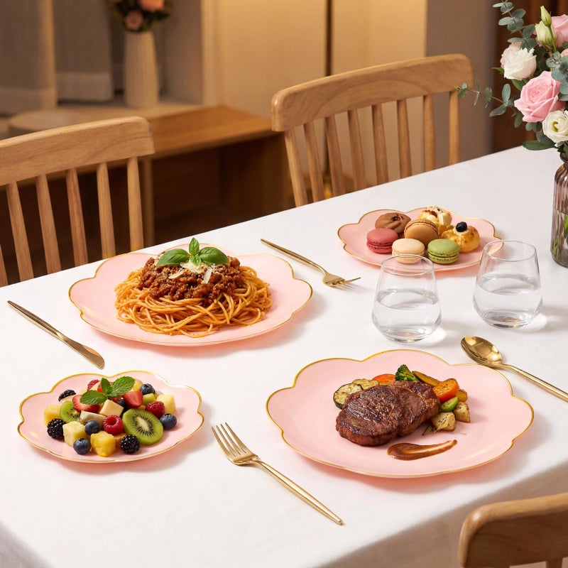 supernal 60pcs Pink Plastic Plates with Gold Rim Heavy Duty Scalloped Plastic Plates Disposable Includes:30 Dinner and 30 Dessert Plate Perfect for Valentine's Day Mother's Day and Easter - Image 5
