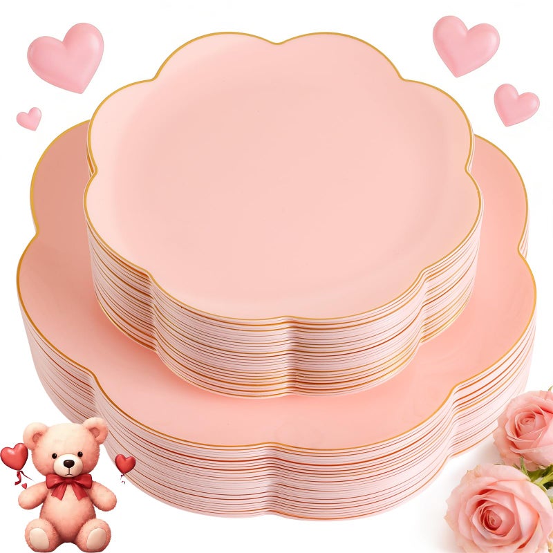 supernal 60pcs Pink Plastic Plates with Gold Rim Heavy Duty Scalloped Plastic Plates Disposable Includes:30 Dinner and 30 Dessert Plate Perfect for Valentine's Day Mother's Day and Easter - Image 1