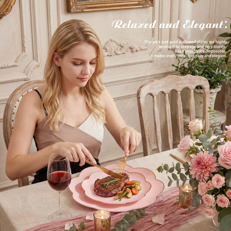 supernal 60pcs Pink Plastic Plates with Gold Rim Heavy Duty Scalloped Plastic Plates Disposable Includes:30 Dinner and 30 Dessert Plate Perfect for Valentine's Day Mother's Day and Easter - Image 4
