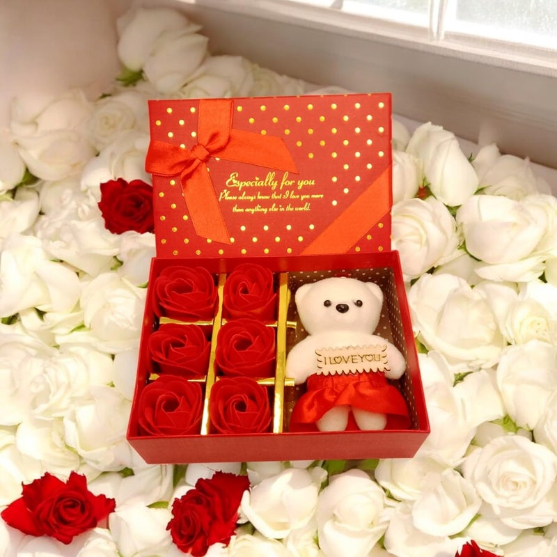 Generic AMS Gift Box of Teddy Bear & 6 Red Artificial Roses for Your Love, Girlfriend, Wife, Husband & Boyfriend | Romantic Gift for Valentine's, Anniversary, Proposals, Engagements & Special Occasions (Red)  - Image 2