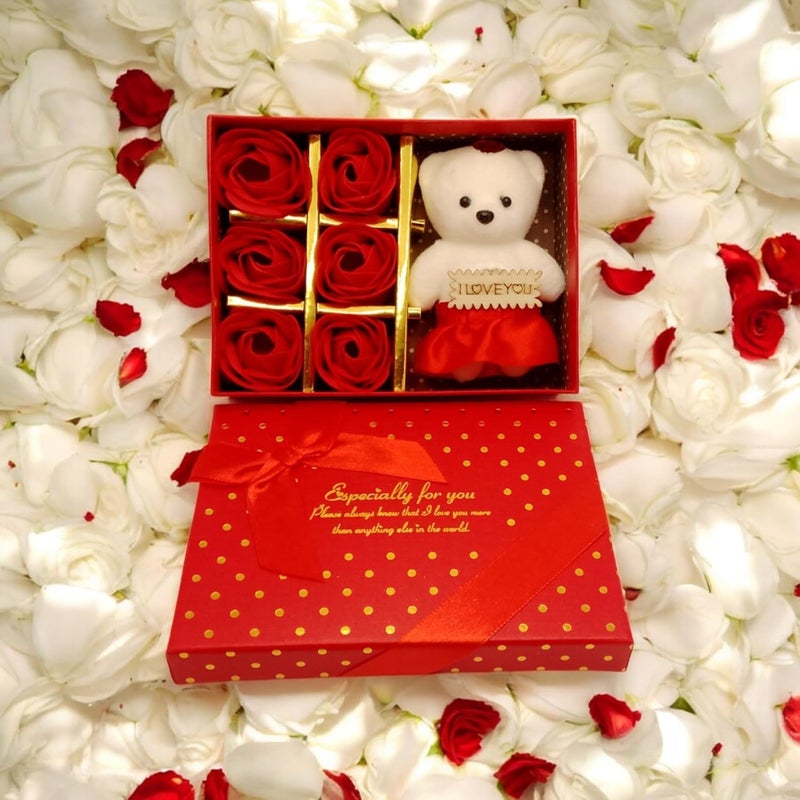 Generic AMS Gift Box of Teddy Bear & 6 Red Artificial Roses for Your Love, Girlfriend, Wife, Husband & Boyfriend | Romantic Gift for Valentine's, Anniversary, Proposals, Engagements & Special Occasions (Red)  - Image 1