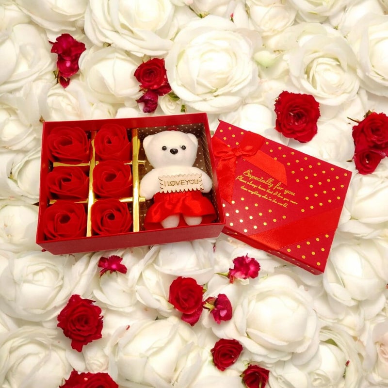 Generic AMS Gift Box of Teddy Bear & 6 Red Artificial Roses for Your Love, Girlfriend, Wife, Husband & Boyfriend | Romantic Gift for Valentine's, Anniversary, Proposals, Engagements & Special Occasions (Red)  - Image 4