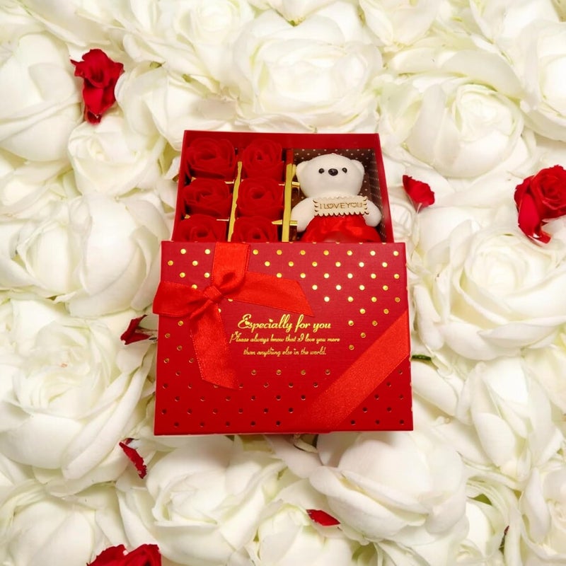 Generic AMS Gift Box of Teddy Bear & 6 Red Artificial Roses for Your Love, Girlfriend, Wife, Husband & Boyfriend | Romantic Gift for Valentine's, Anniversary, Proposals, Engagements & Special Occasions (Red)  - Image 3