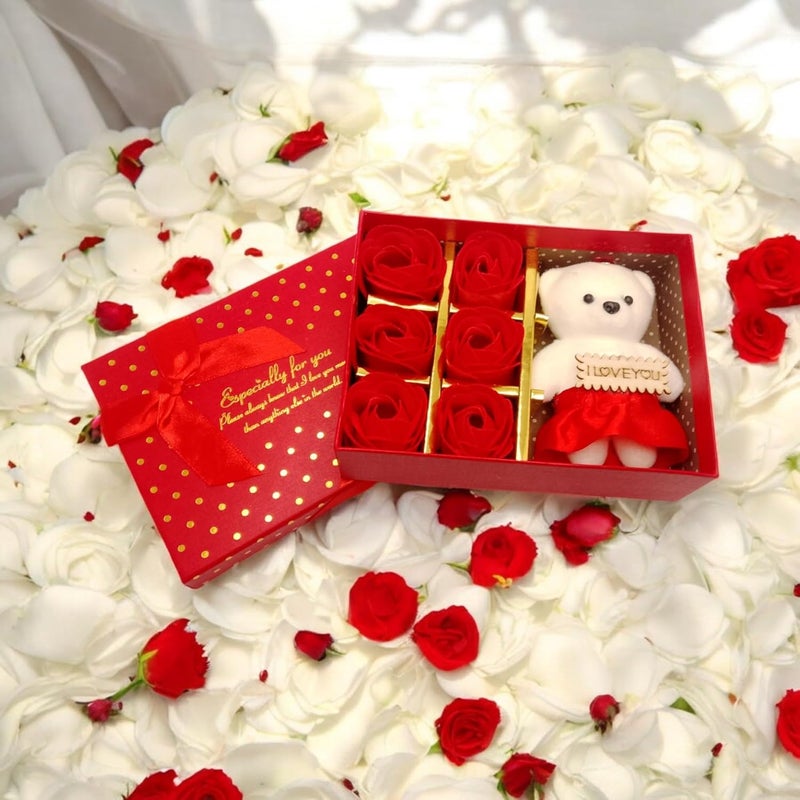 Generic AMS Gift Box of Teddy Bear & 6 Red Artificial Roses for Your Love, Girlfriend, Wife, Husband & Boyfriend | Romantic Gift for Valentine's, Anniversary, Proposals, Engagements & Special Occasions (Red)  - Image 5