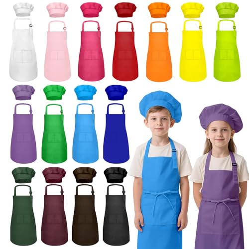 IAGBIBUI Kids Apron and Chef Hat Set, 30 Pieces Boys Girls Kids Apron with 2 Pockets Adjustable for Cooking Classroom Baking Painting, 6-13 Years, Multicolor - Image 1