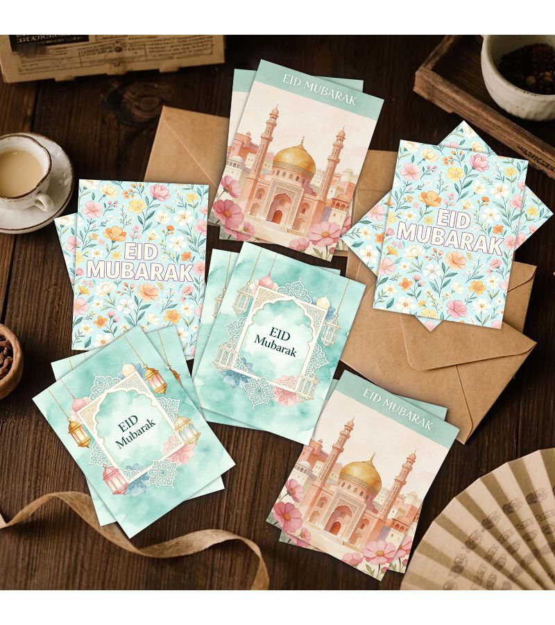 8 Pieces Greeting Cards With Envelopes Watercolor Style Festival Blessing Cards 3.7 X 5.5 Inches Featuring Lanterns Mosques And Floral Patterns Elegant Vintage Design For Party Gift Giving - Image 1