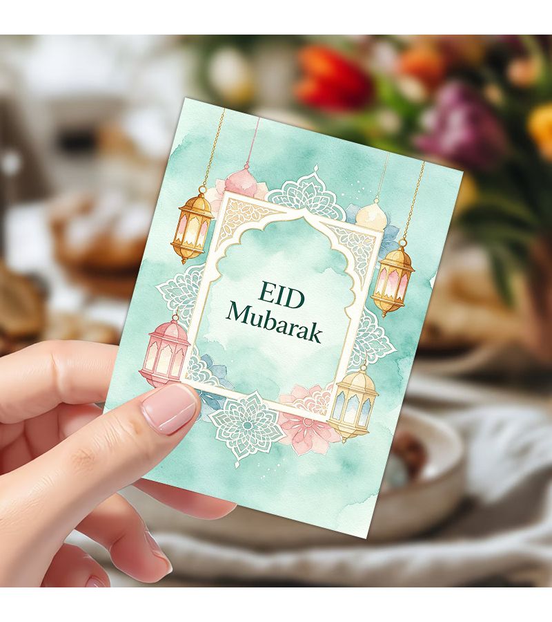 8 Pieces Greeting Cards With Envelopes Watercolor Style Festival Blessing Cards 3.7 X 5.5 Inches Featuring Lanterns Mosques And Floral Patterns Elegant Vintage Design For Party Gift Giving - Image 3