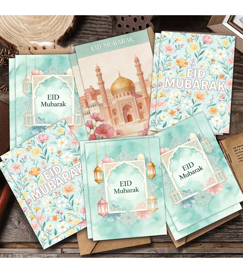 8 Pieces Greeting Cards With Envelopes Watercolor Style Festival Blessing Cards 3.7 X 5.5 Inches Featuring Lanterns Mosques And Floral Patterns Elegant Vintage Design For Party Gift Giving - Image 4