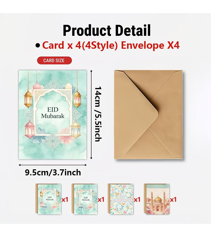 8 Pieces Greeting Cards With Envelopes Watercolor Style Festival Blessing Cards 3.7 X 5.5 Inches Featuring Lanterns Mosques And Floral Patterns Elegant Vintage Design For Party Gift Giving - Image 2