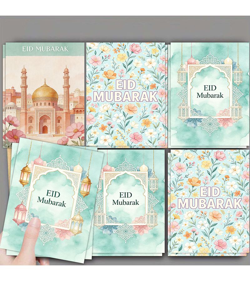 8 Pieces Greeting Cards With Envelopes Watercolor Style Festival Blessing Cards 3.7 X 5.5 Inches Featuring Lanterns Mosques And Floral Patterns Elegant Vintage Design For Party Gift Giving - Image 5