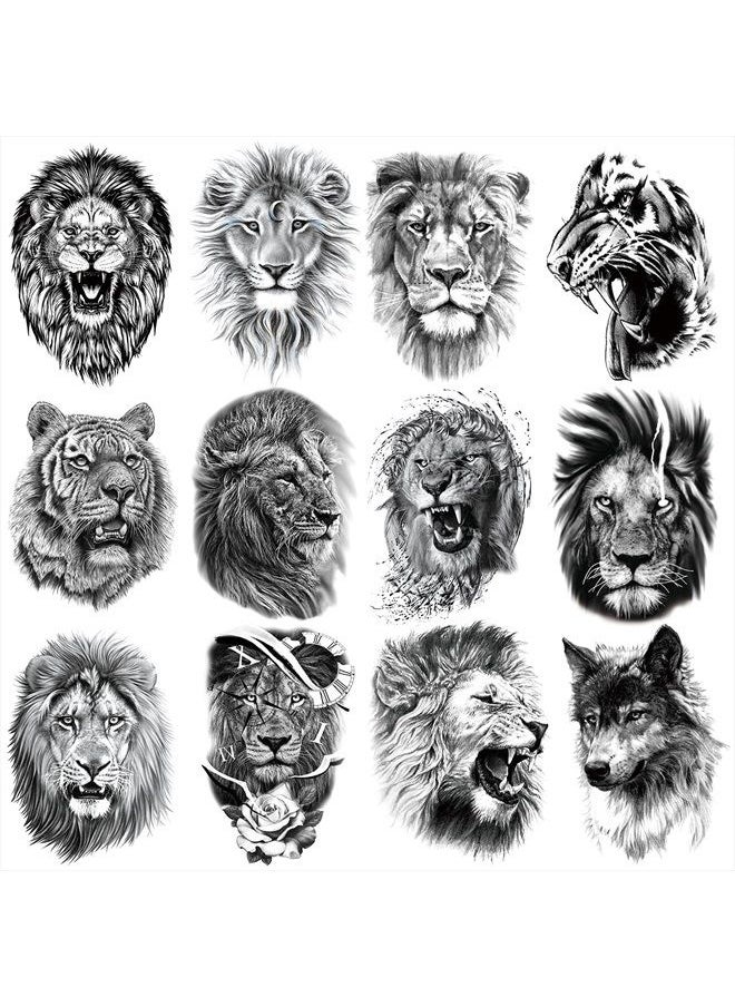 Oottati 12 Sheets Arm Waterproof Temporary Tattoo Stickers Black Fierce Tiger Lion Wolf for Men Women Teens  - Image 1