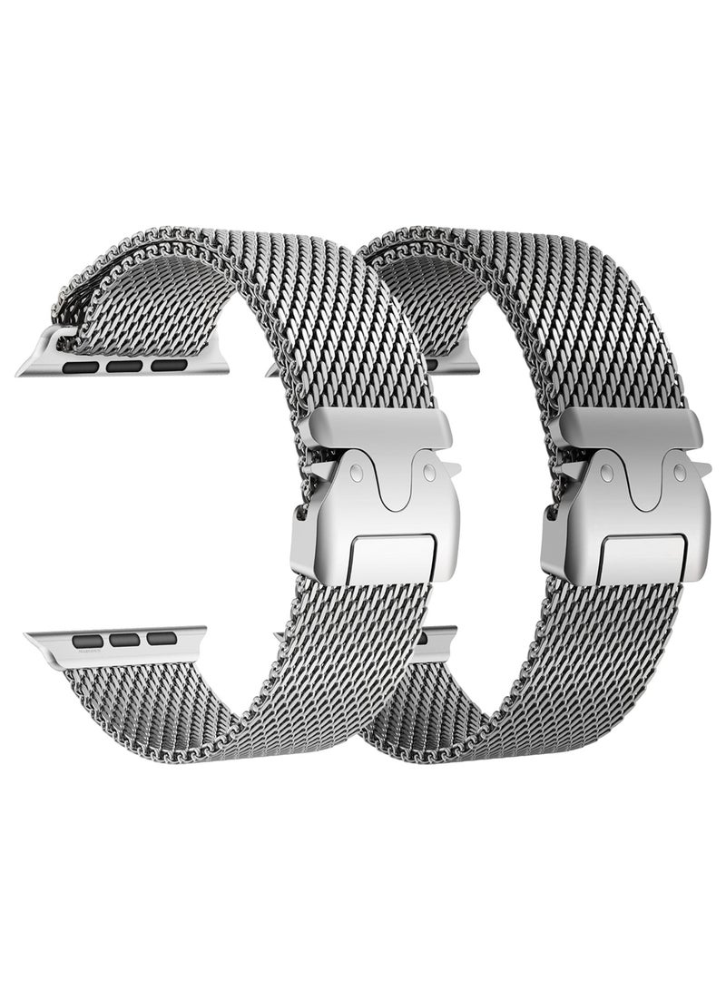 CATANES 2Packs Milanese Loop for Apple Watch Band Ultra 2 Band Ultra 49mm 46mm 45mm 44mm, Parachute-Style Buckle Stainless Steel Mesh Metal Band for iWatch Series 10-1 SE - Silver and Natural Titanium - Image 1