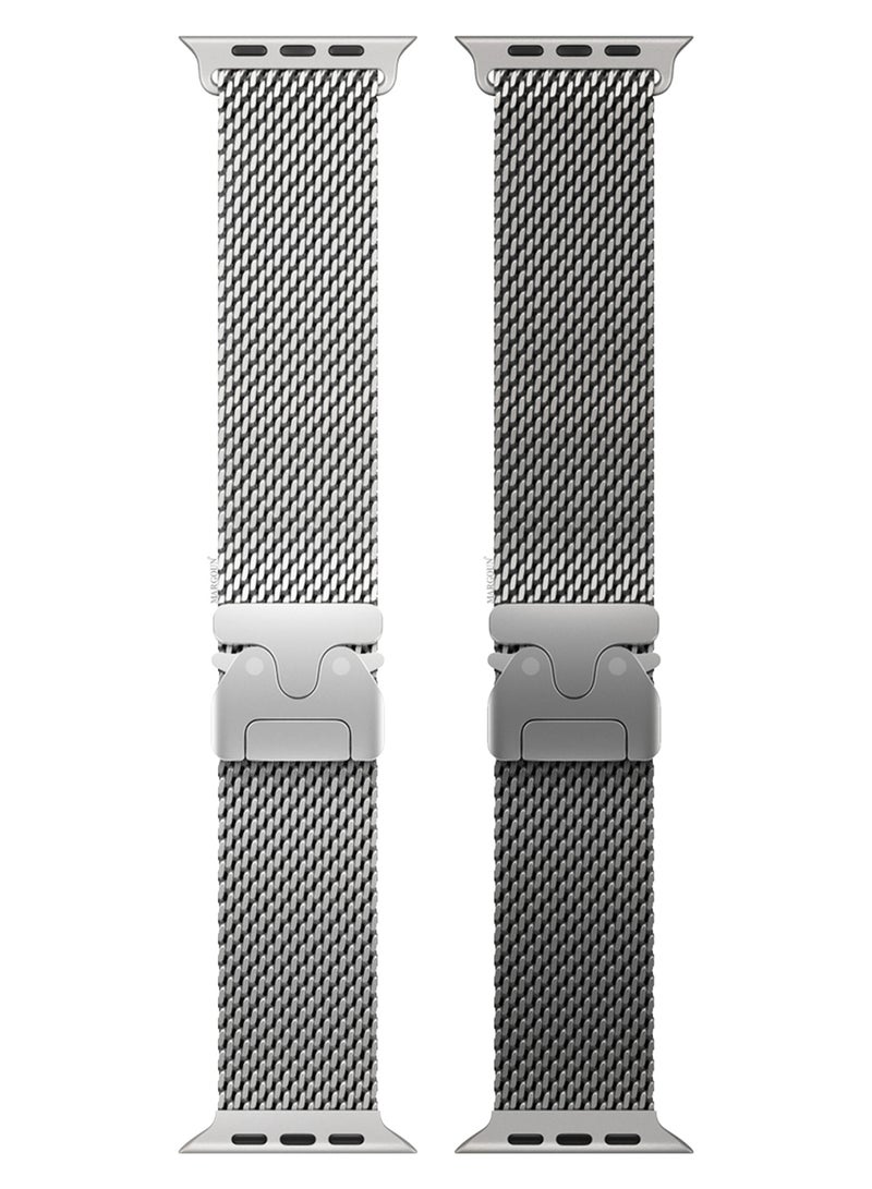 CATANES 2Packs Milanese Loop for Apple Watch Band Ultra 2 Band Ultra 49mm 46mm 45mm 44mm, Parachute-Style Buckle Stainless Steel Mesh Metal Band for iWatch Series 10-1 SE - Silver and Natural Titanium - Image 2