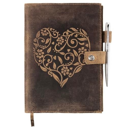 moonster Refillable Leather Journal Embossed Heart Shape Cover Design Journals with Pen – Milled A5 Leather Journal Lined Paper - Journals for Women – Vintage Journal - 320 Pages - Image 1