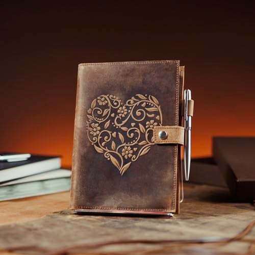 moonster Refillable Leather Journal Embossed Heart Shape Cover Design Journals with Pen – Milled A5 Leather Journal Lined Paper - Journals for Women – Vintage Journal - 320 Pages - Image 2