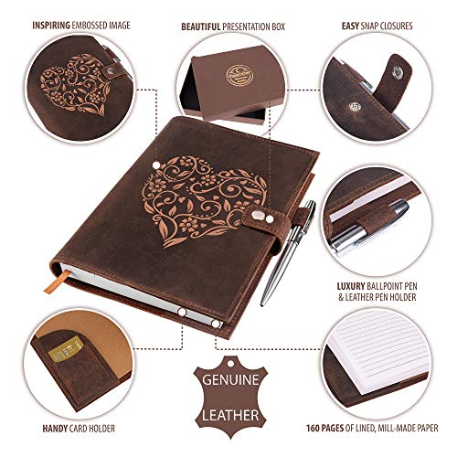 moonster Refillable Leather Journal Embossed Heart Shape Cover Design Journals with Pen – Milled A5 Leather Journal Lined Paper - Journals for Women – Vintage Journal - 320 Pages - Image 4