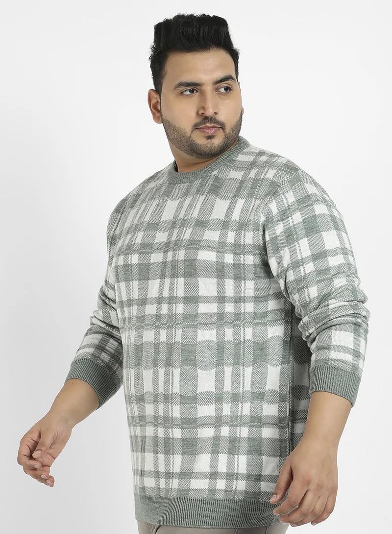 Instafab Plus Instafab Plus Men's Olive Green Tartan Plaid Knitted Pullover Sweater For Casual Wear | Crew Neck | Long Sleeve | Pull On Closure | Wool sweater Crafted With Comfort Fit For Everyday Wear