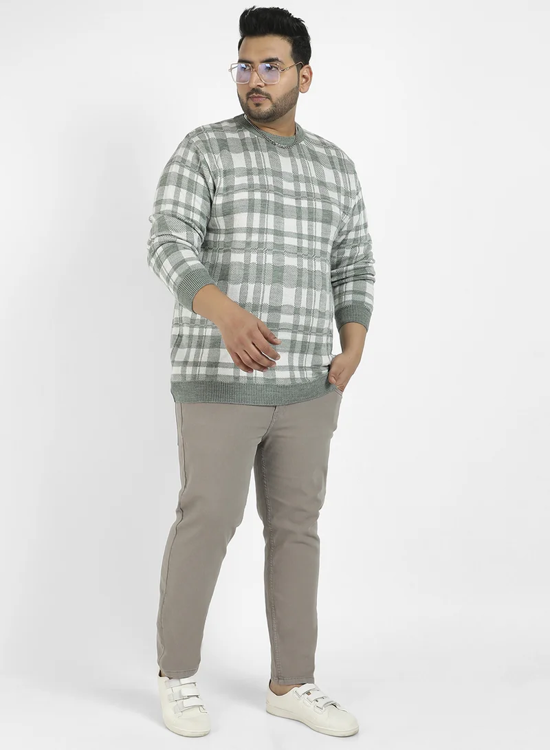 Instafab Plus Instafab Plus Men's Olive Green Tartan Plaid Knitted Pullover Sweater For Casual Wear | Crew Neck | Long Sleeve | Pull On Closure | Wool sweater Crafted With Comfort Fit For Everyday Wear
