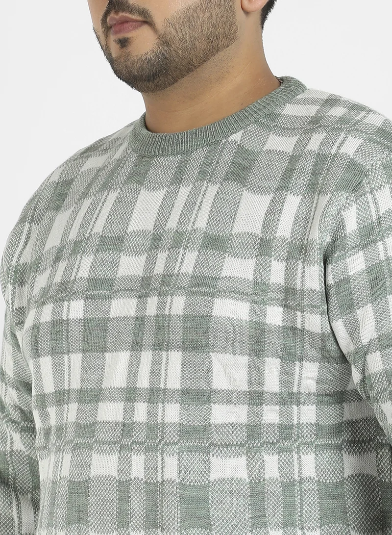 Instafab Plus Instafab Plus Men's Olive Green Tartan Plaid Knitted Pullover Sweater For Casual Wear | Crew Neck | Long Sleeve | Pull On Closure | Wool sweater Crafted With Comfort Fit For Everyday Wear