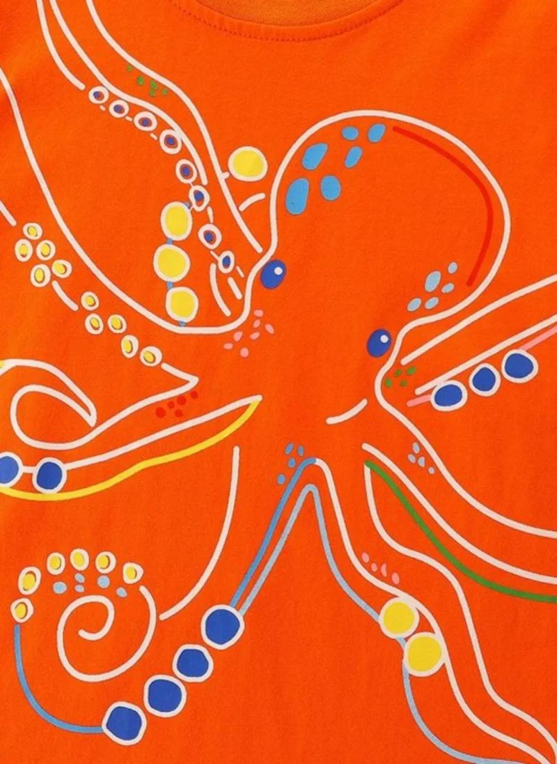 YUNIQEE Orange Printed Solid Round Neck Cotton T-shirt