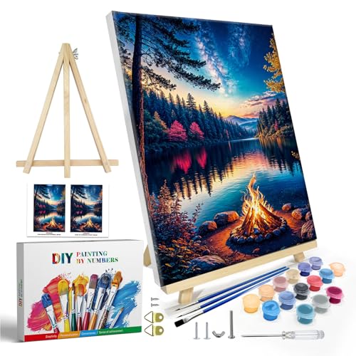 JOOZ Paint by Numbers Kit for Adults with Frame, Lake Landscape Paint by Number with Easel, DIY Sunset Landscape Acrylic Oil Painting Kit for Home Wall Decor 8x12 Inch - Image 1