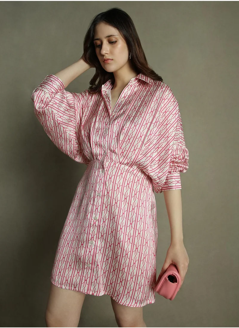 دينيس لينغو Women's Pink Satin Crepe Printed Relaxed Fit Dress
