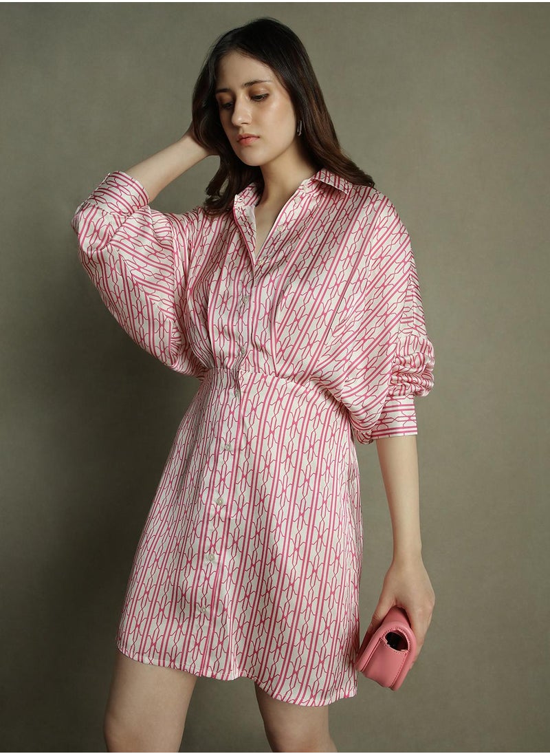 Dennis Lingo Women's Pink Satin Crepe Printed Relaxed Fit Dress  - Image 1