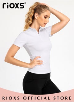 RIOXS Women's Compression Workout Shirt, Short Sleeve Stretchy Athletic Tops with Half Zip Design, Soft Breathable 1/4 Zipper Sports Tops, Suitabe for Golf, Tennis, Exercise, Hiking, Running, Lounge Wear and Other Types of Outdoor Sports Activities  - Image 5