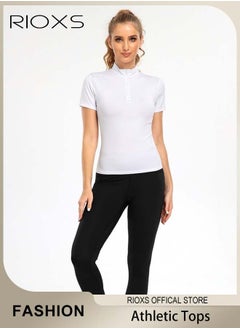 RIOXS Women's Compression Workout Shirt, Short Sleeve Stretchy Athletic Tops with Half Zip Design, Soft Breathable 1/4 Zipper Sports Tops, Suitabe for Golf, Tennis, Exercise, Hiking, Running, Lounge Wear and Other Types of Outdoor Sports Activities  - Image 1