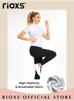 RIOXS Women's Compression Workout Shirt, Short Sleeve Stretchy Athletic Tops with Half Zip Design, Soft Breathable 1/4 Zipper Sports Tops, Suitabe for Golf, Tennis, Exercise, Hiking, Running, Lounge Wear and Other Types of Outdoor Sports Activities  - Image 3