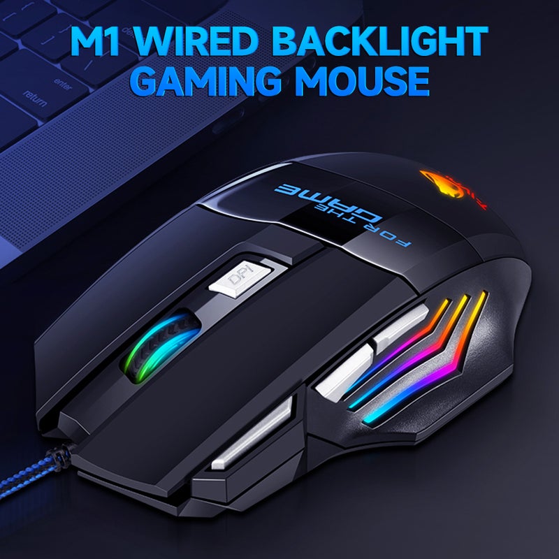 T-WOLF M1 Wired Gaming 7-color Breathing Light 800/1200/2400 3-gear Adjustable DPI Ergonomic for PC Laptop Black - Image 3