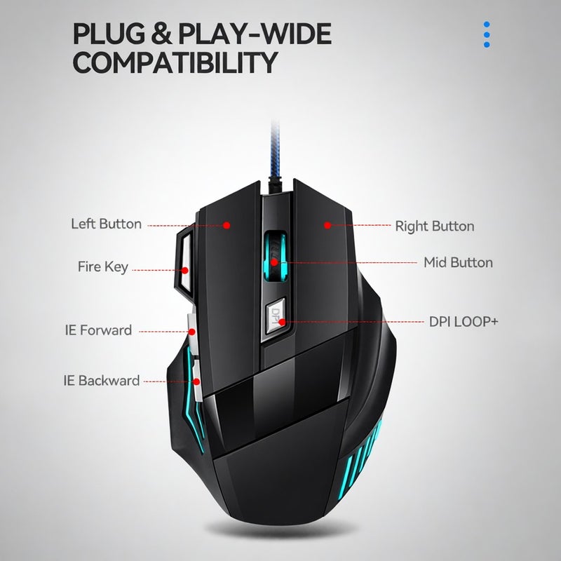 T-WOLF M1 Wired Gaming 7-color Breathing Light 800/1200/2400 3-gear Adjustable DPI Ergonomic for PC Laptop Black - Image 4