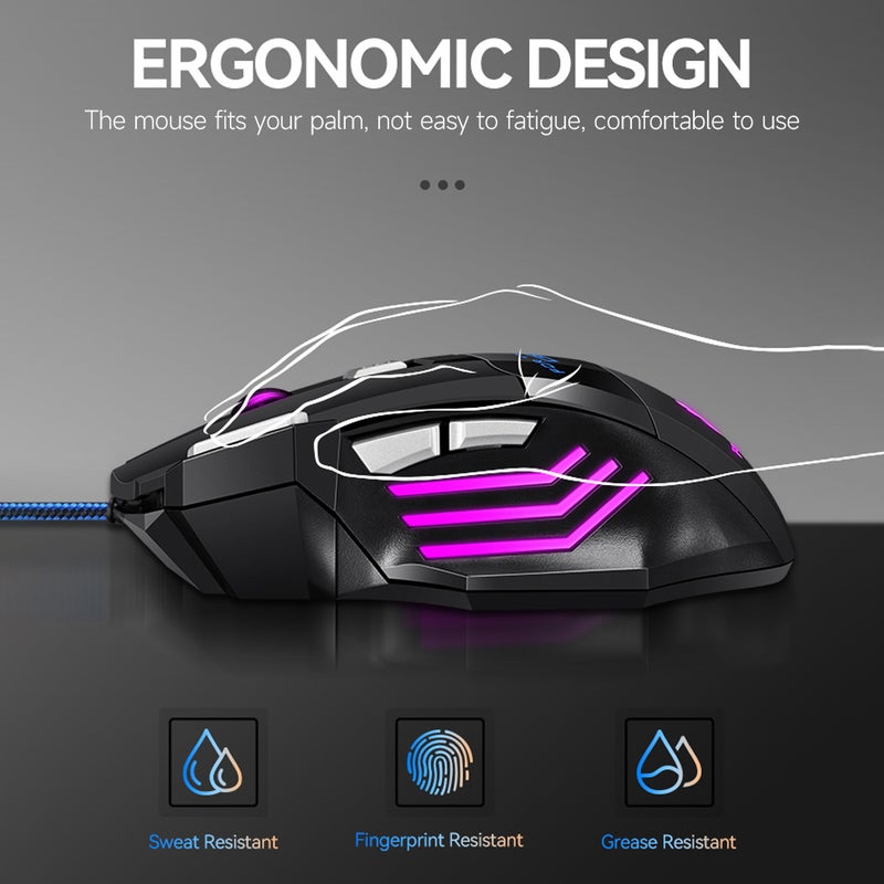 T-WOLF M1 Wired Gaming 7-color Breathing Light 800/1200/2400 3-gear Adjustable DPI Ergonomic for PC Laptop Black - Image 2