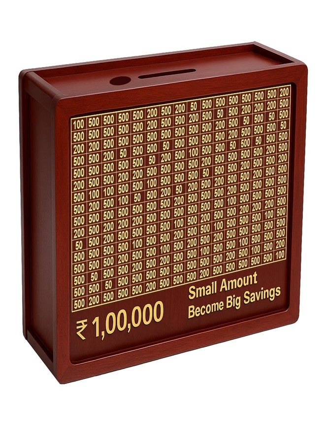 DALUCI Money Saving Box for Adults & Kids | 1 Lakh Savings Challenge Wooden Piggy Bank with Denomination Grid | Cash Saving Box, Budget Organizer & Unique Gift Item (Wooden) - Image 1