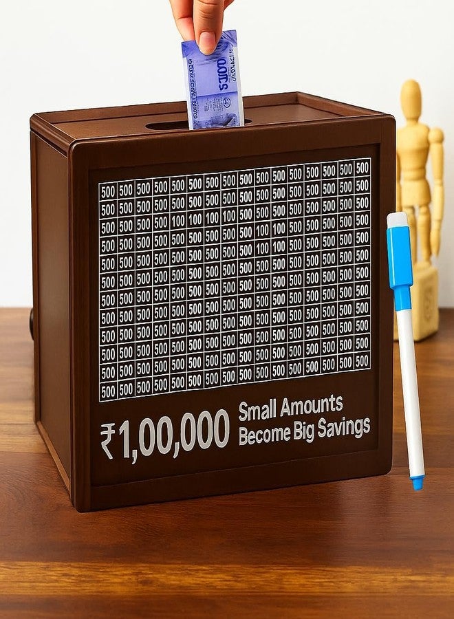 DALUCI Money Saving Box for Adults & Kids | 1 Lakh Savings Challenge Wooden Piggy Bank with Denomination Grid | Cash Saving Box, Budget Organizer & Unique Gift Item (Wooden) - Image 5
